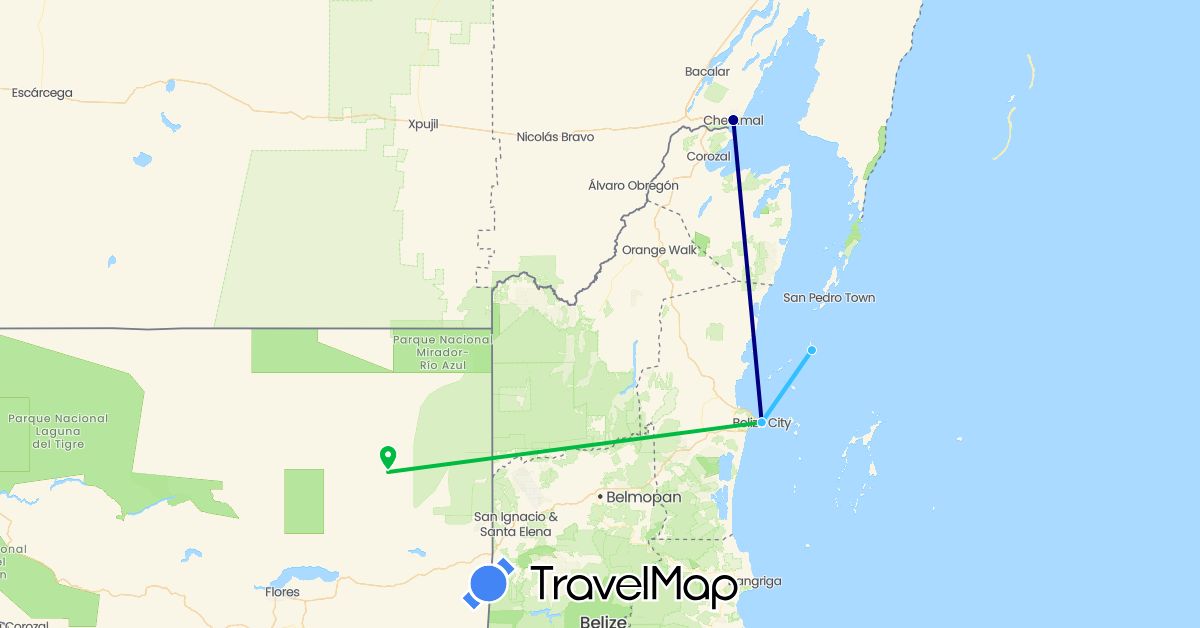 TravelMap itinerary: driving, bus, boat in Belize, Guatemala, Mexico (North America)